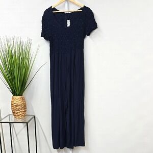 Jeffrey & Dara by Linda Hutley Jumpsuit Navy Blue Smocked Floral Wide Leg 8 USA